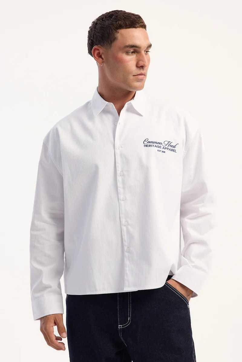 Common Need Royalty Boxy Long Sleeve Resort Shirt White