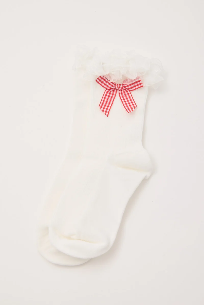 Token Gingham Bow Lace Tulle Socks White