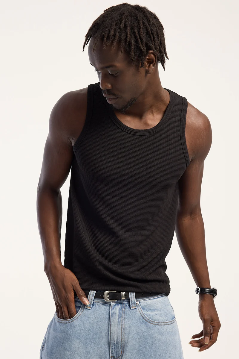 Common Need Flynn Waffle Scoop Neck Singlet Tank Black