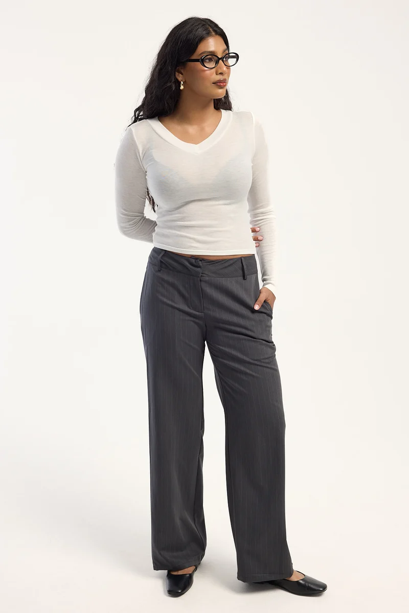 Luck & Trouble Piper Low Rise Wide Leg Pant Black Pin Stripe