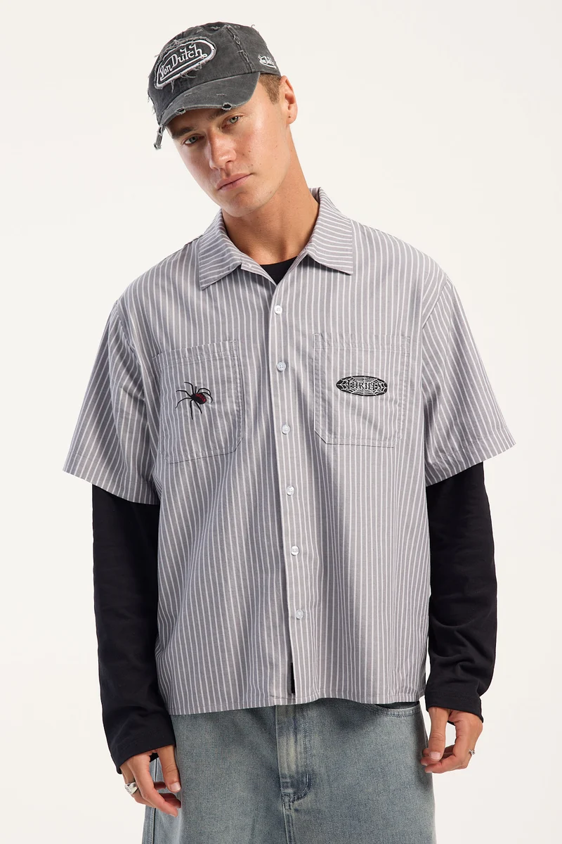 Thrills Web Of Deceit Cropped Short Sleeve Work Shirt Black