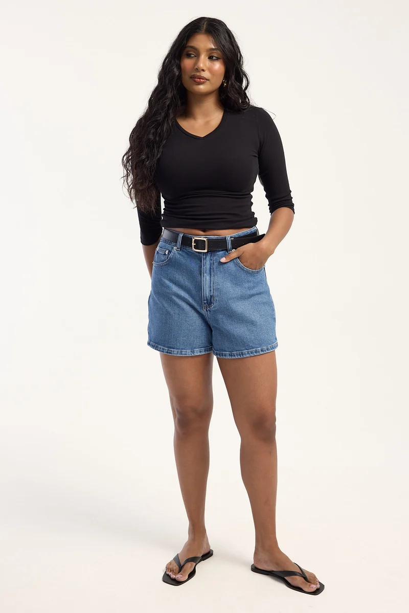 Perfect Stranger High Rise Denim Shorts Mid Blue Denim