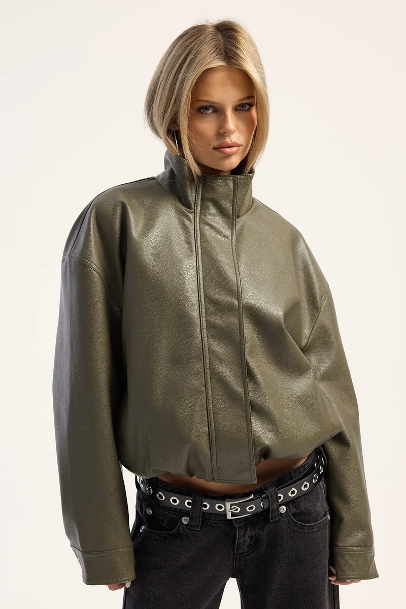 Luck & Trouble Amerie Funnel Neck Faux Leather Jacket Olive