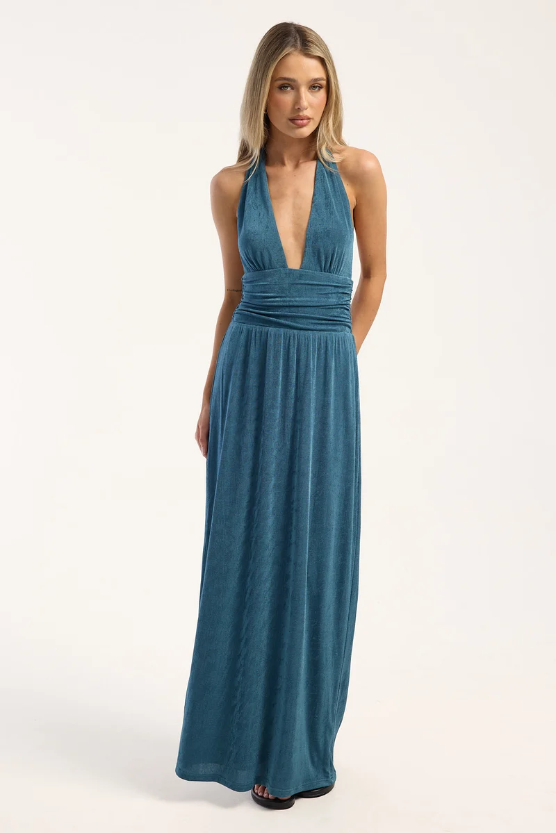 Luck & Trouble Bonnie Shimmer Maxi Dress Teal
