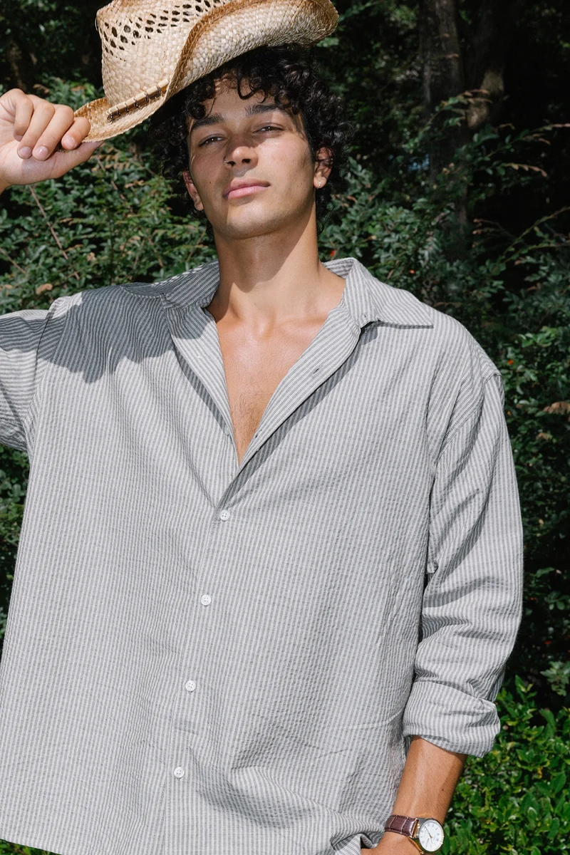 Common Need Myles Long Sleeve Shirt Olive Stripe