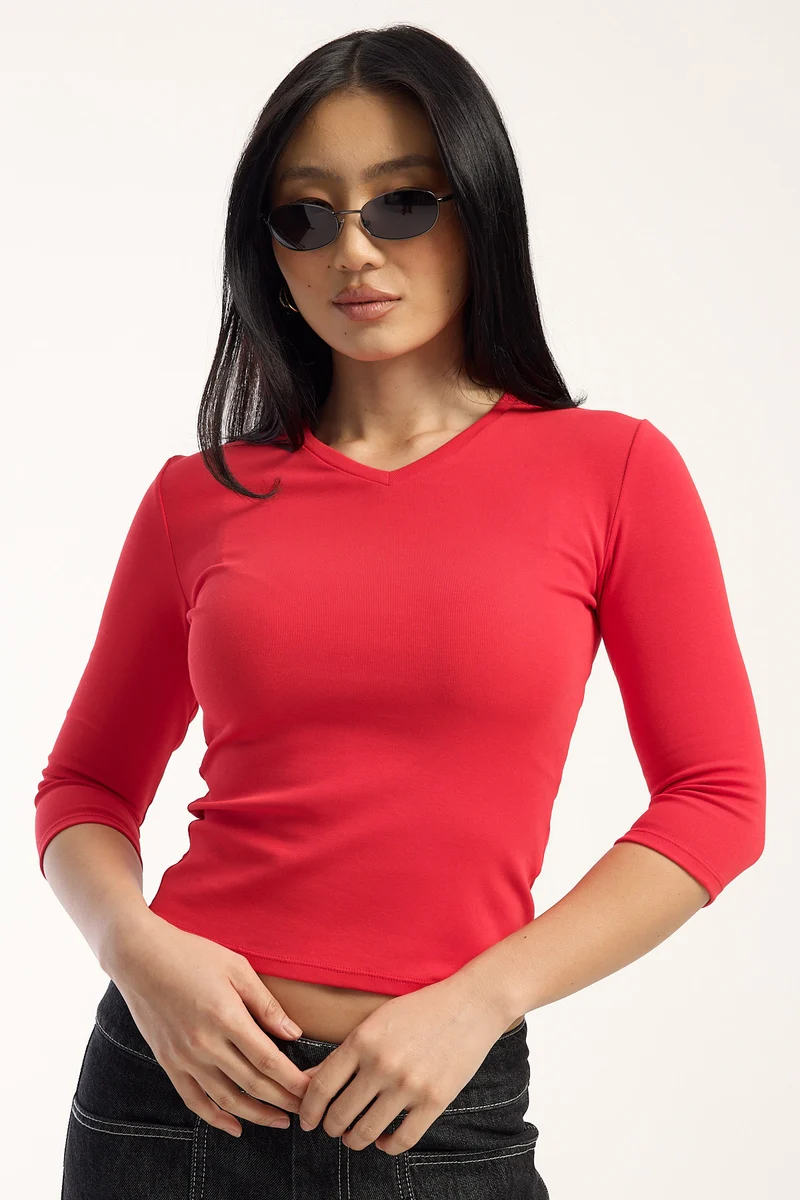 L&t Monique V Neck 3/4 Sleeve T-shirt Red