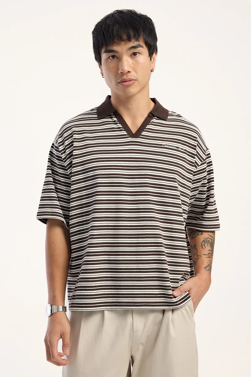 Common Need Porto Boxy Cropped Polo Brown/White Stripe