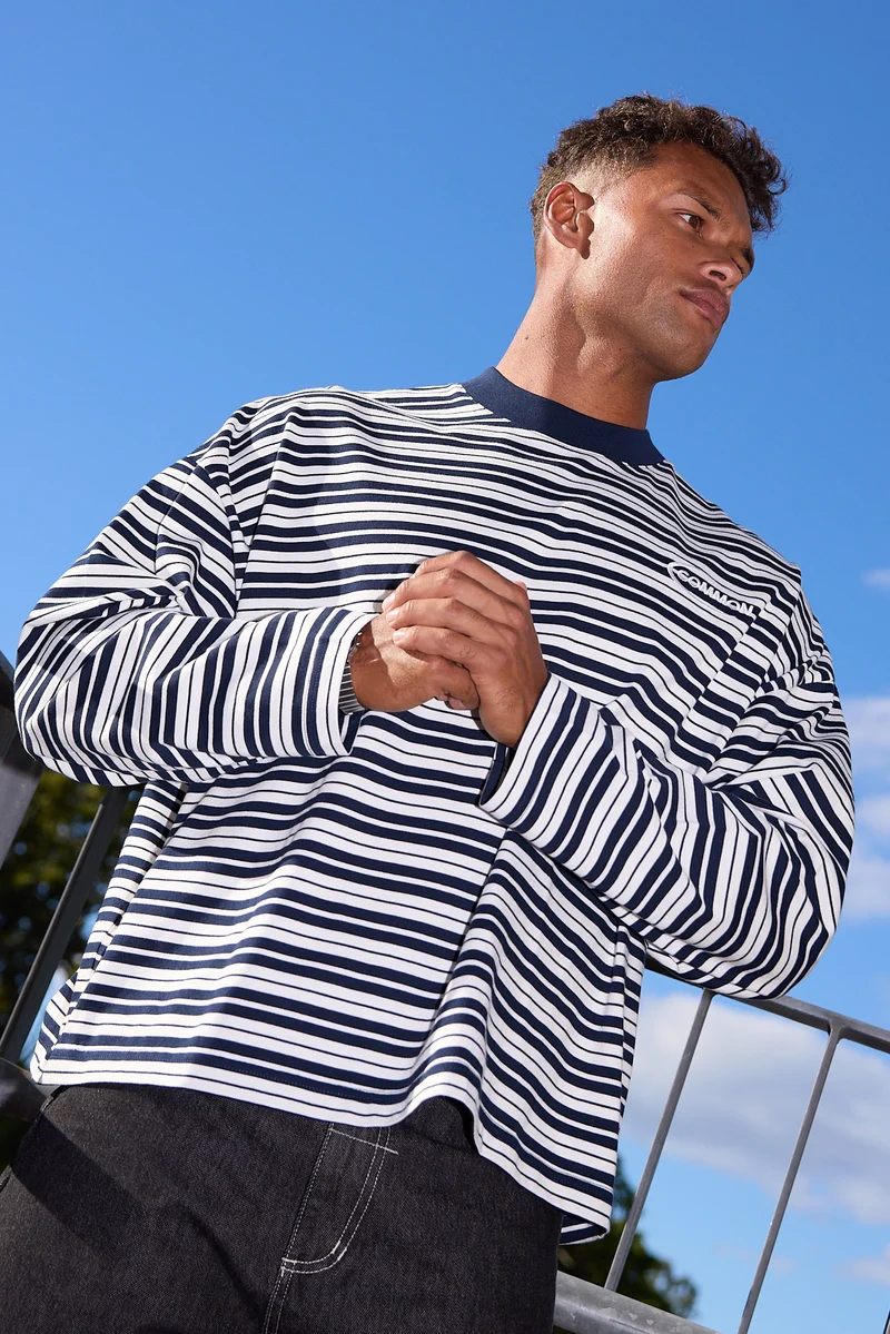 Common Need Ultrix Heavyweight Cropped Long Sleeve Tee Navy/White Stripe