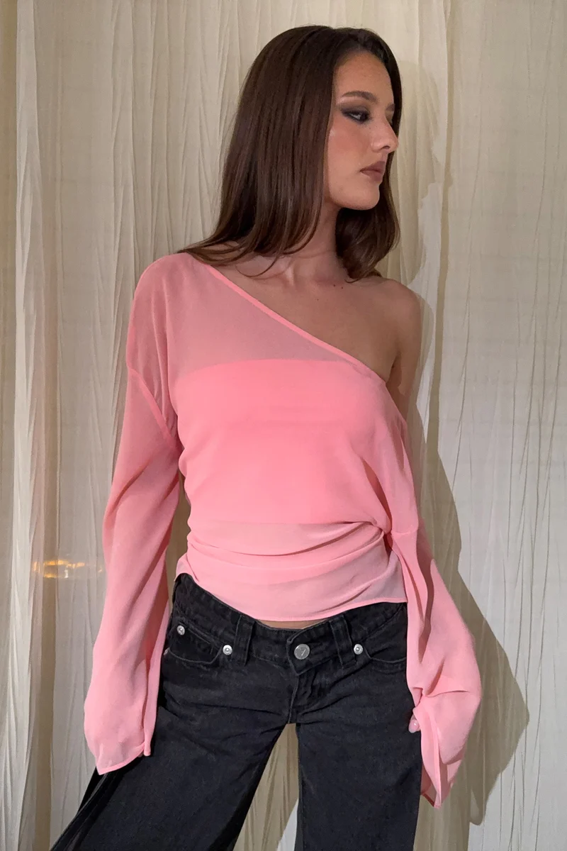 Perfect Stranger Cannes Sheer long sleeve top Coral