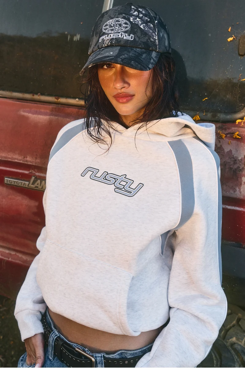 Rusty Tidal Wave Oversized Hooded Fleece Ecru Marle/Retro Blue
