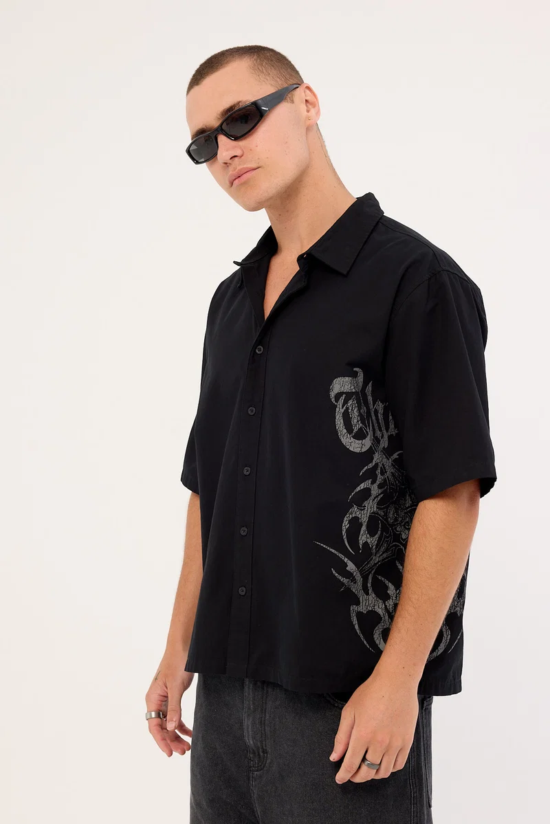 Thrills Misfortune Box Fit Cropped Sleeve Shirt Washed Black
