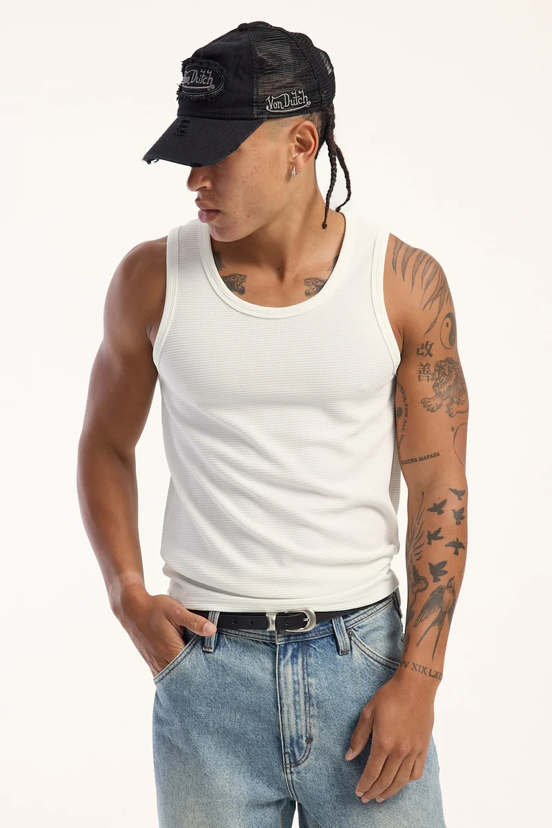 Common Need Flynn Waffle Scoop Neck Singlet Tank Off White