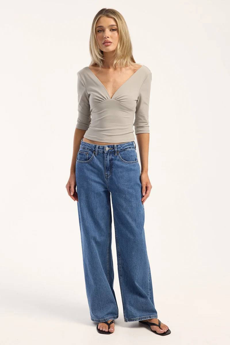 Perfect Stranger Petite Mid Rise Baggy Jean Mid Blue Denim