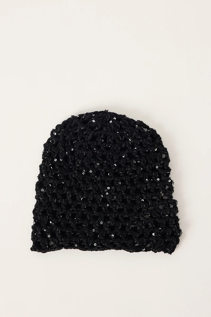 Token Sequin Knitted Beanie Black