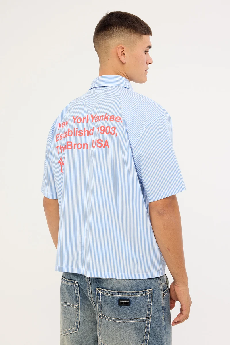 Majestic Athletic NY Yankees Graphic Boxy Crop Stripe Shirt Blue