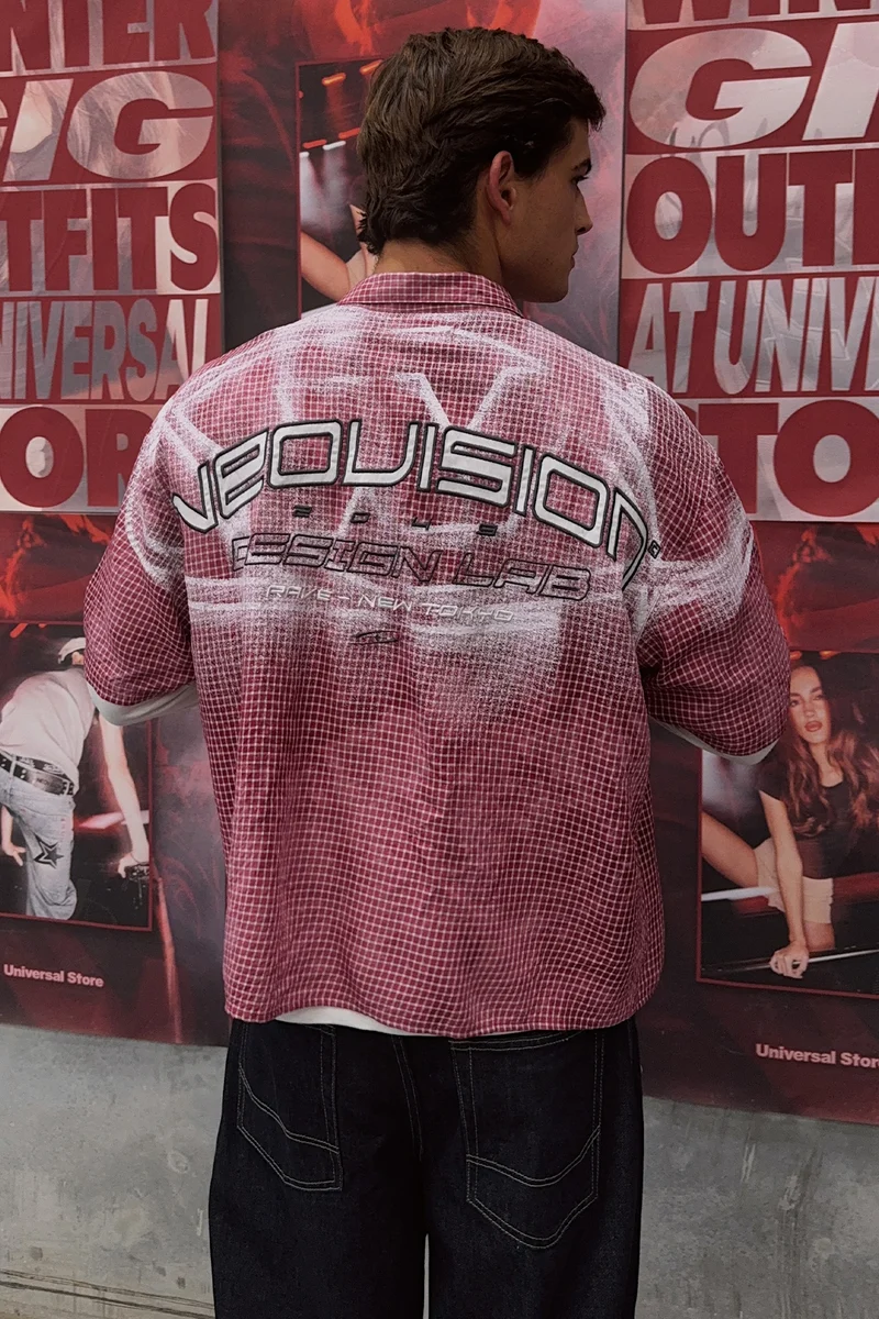 Neovision Distortion Oversize Cropped Shirt Washed Red/White Check