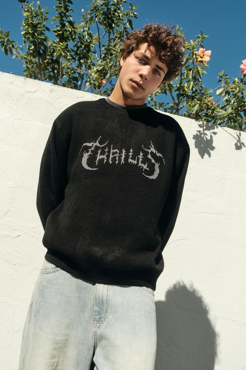 Thrills Into The Void Oversize Box Crop Crew Knit Black