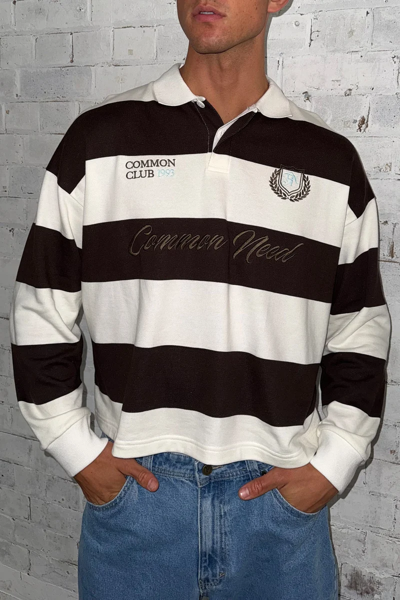 Common Need Stonecrest Cropped Long Sleeve Rugby Polo Brown/Off White Stripe