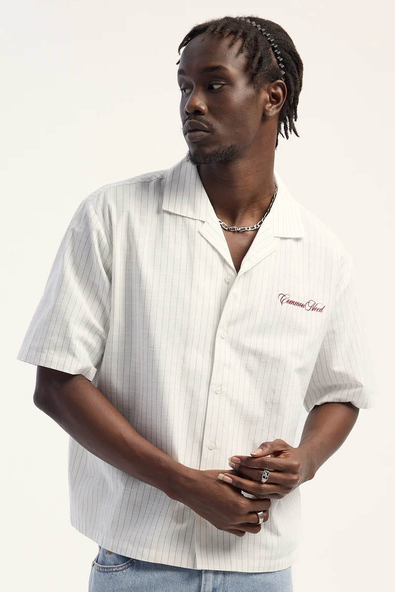 Common Need Bexley Boxy Cropped Resort Shirt White/Black Pinstripe