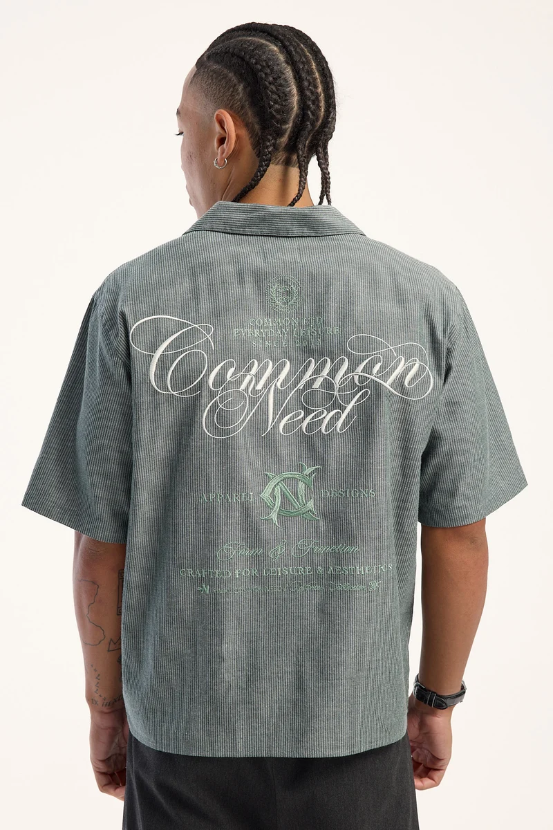 Common Need Relay Boxy Cropped Resort Shirt Dark Green Stripe