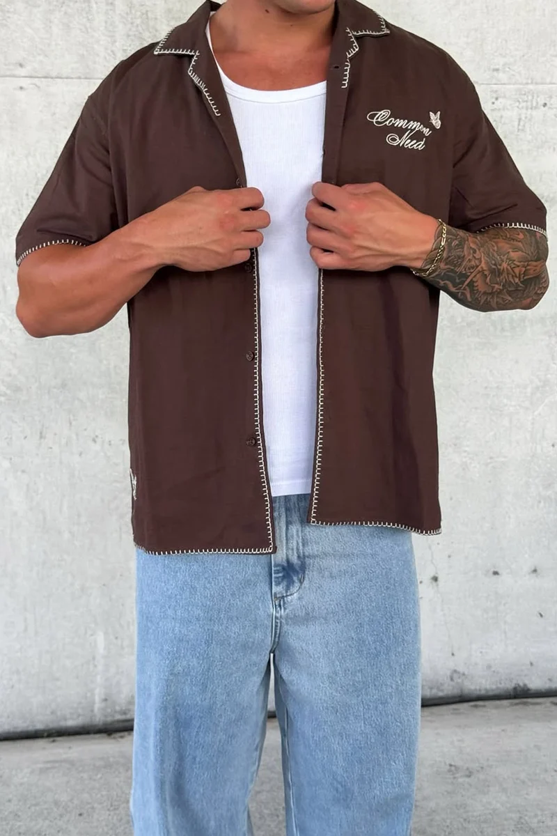 Common Need Mariposa Embroidered Resort Shirt Brown