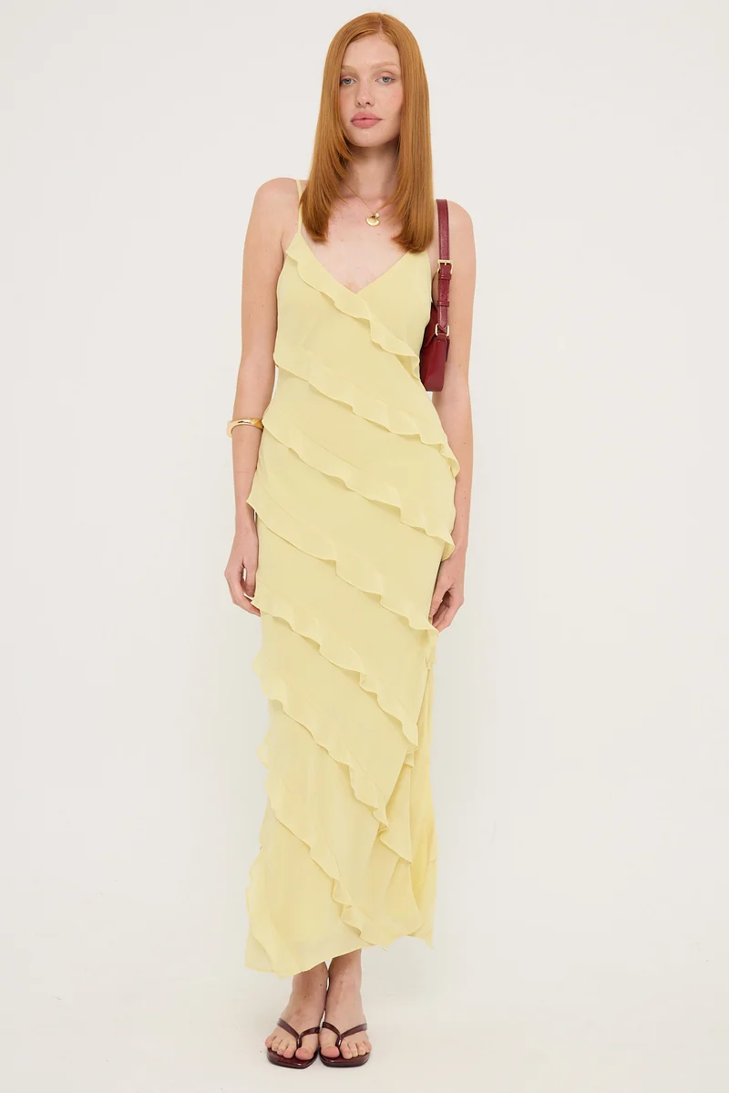 Luck & Trouble Chiffon Ruffle Maxi Dress Lemon