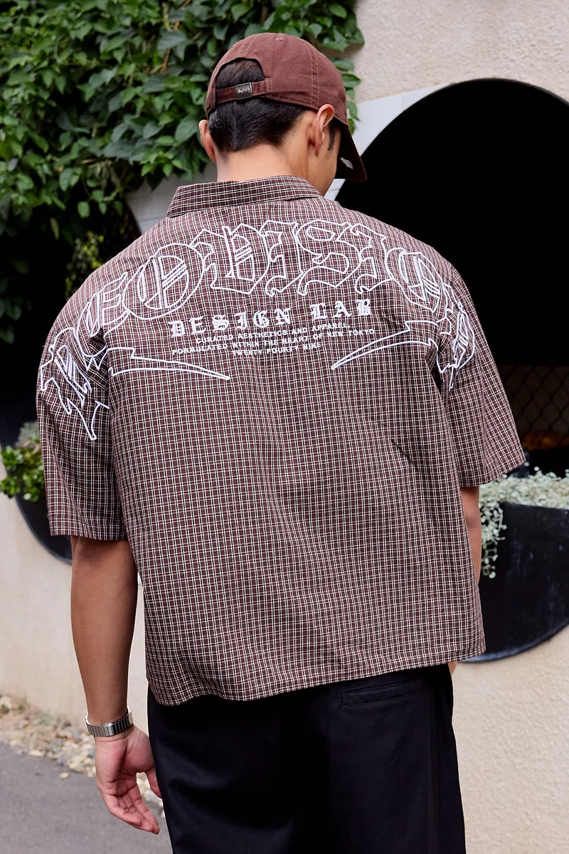 Neovision Corrode Oversize Check Cropped Shirt Brown