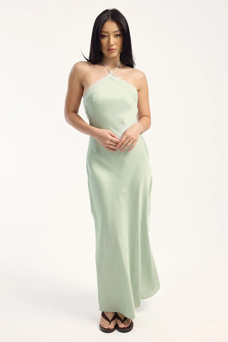 Luck & Trouble Marcella Lace Trim Satin Maxi Dress Soft Green