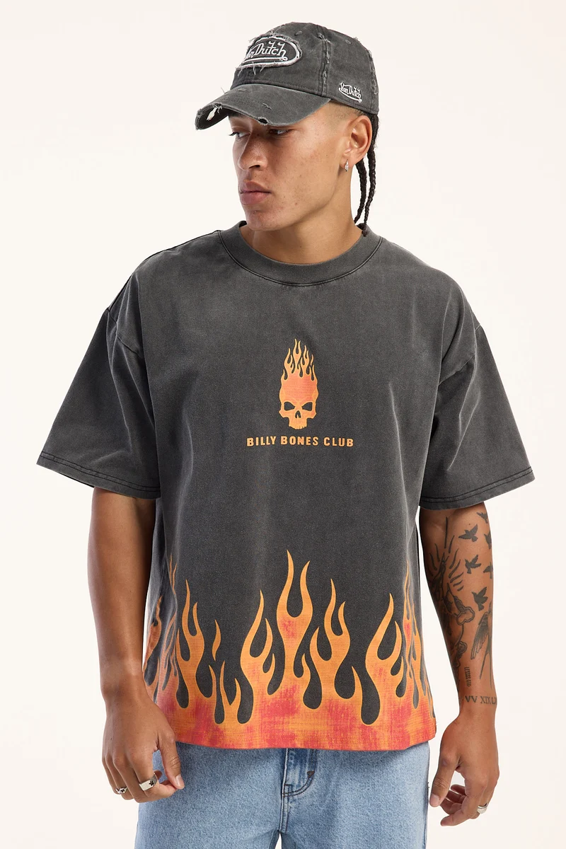 Billy Bones Club Burning Skull Boxy Tee Washed Black/Flame