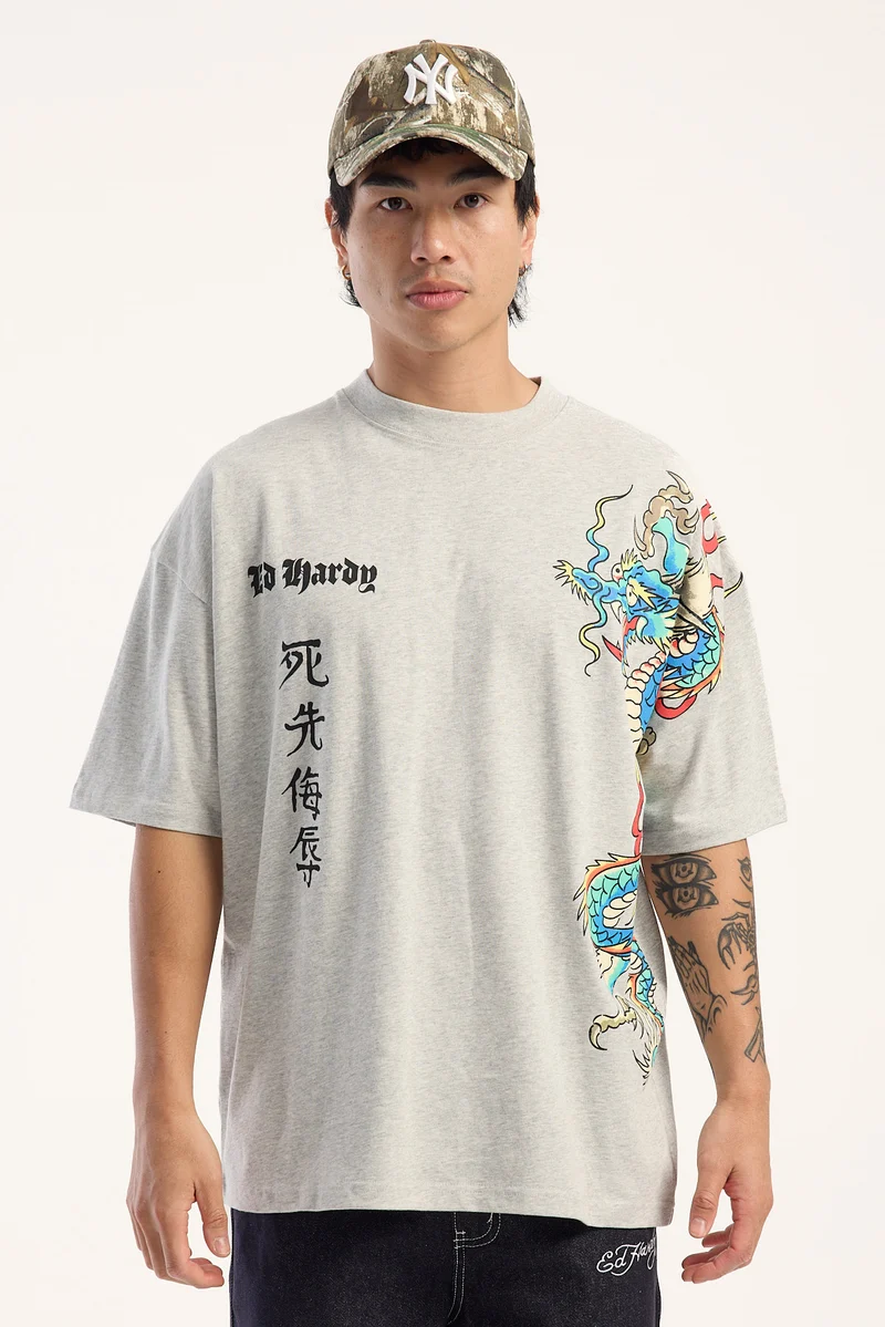 Ed Hardy Fireborn Boxy Tee Grey Marle