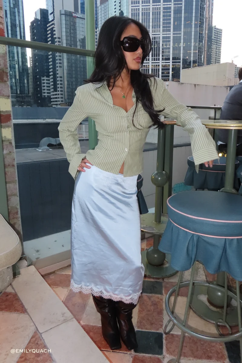 Perfect Stranger Matilda Satin Lace Midi Skirt Blue/White