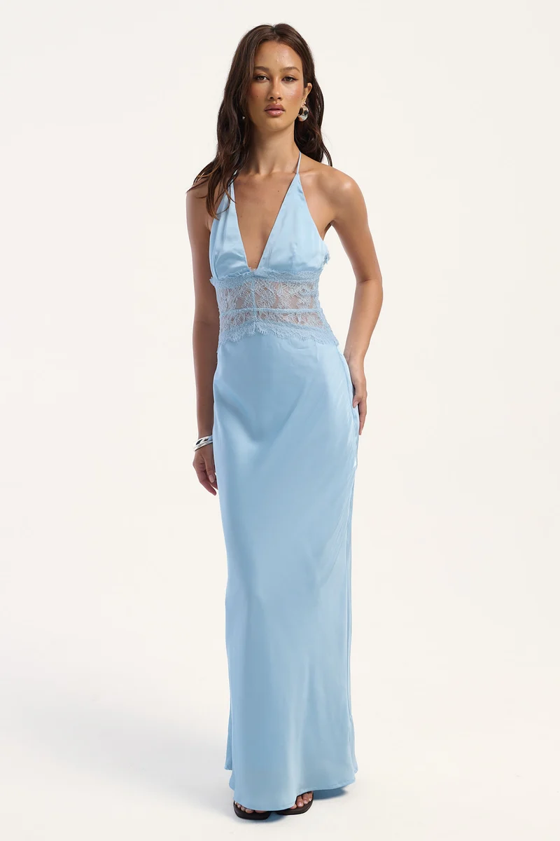 Luck & Trouble Rietta Lace Halter Maxi Dress Ice Blue