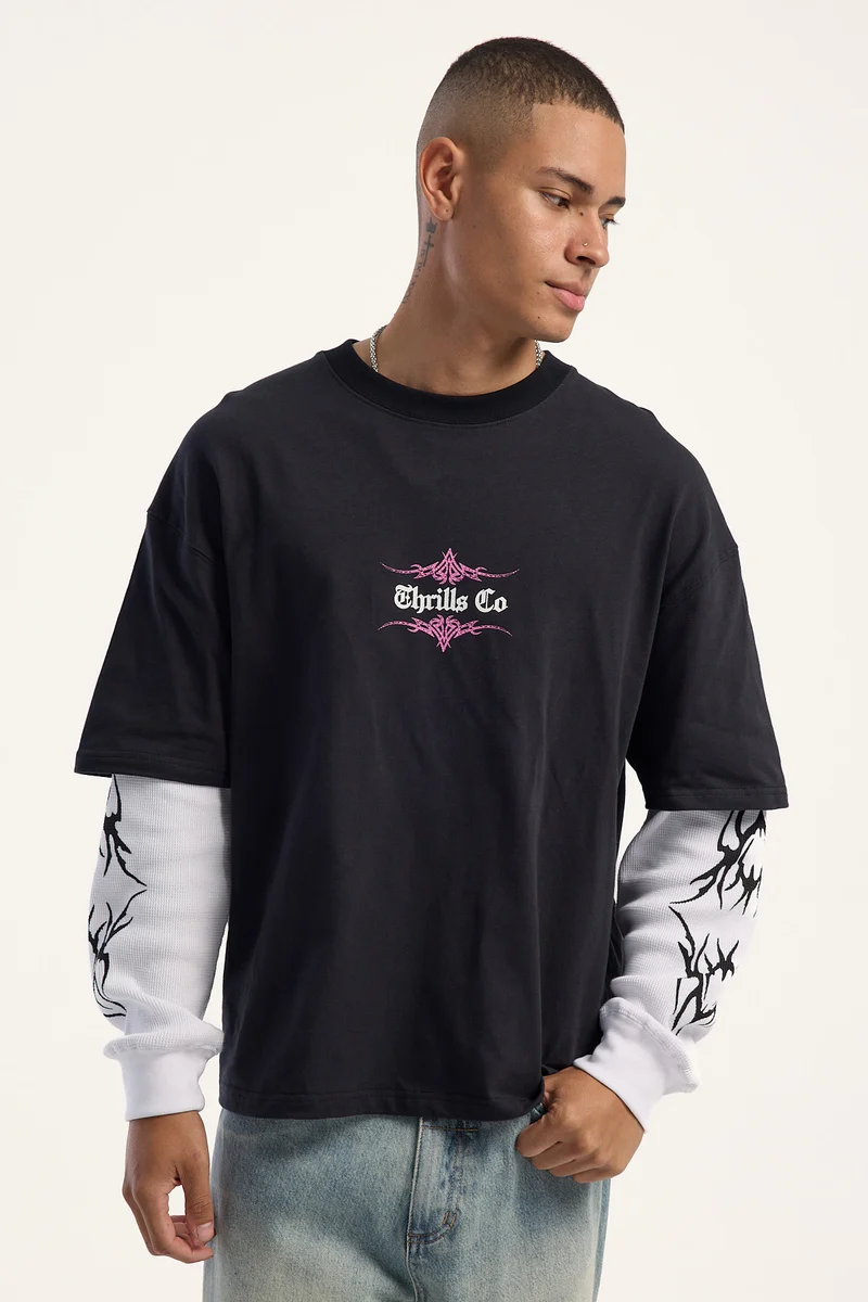 Thrills Superstition Layer Box Crop Oversize Long Sleeve Tee Washed Black