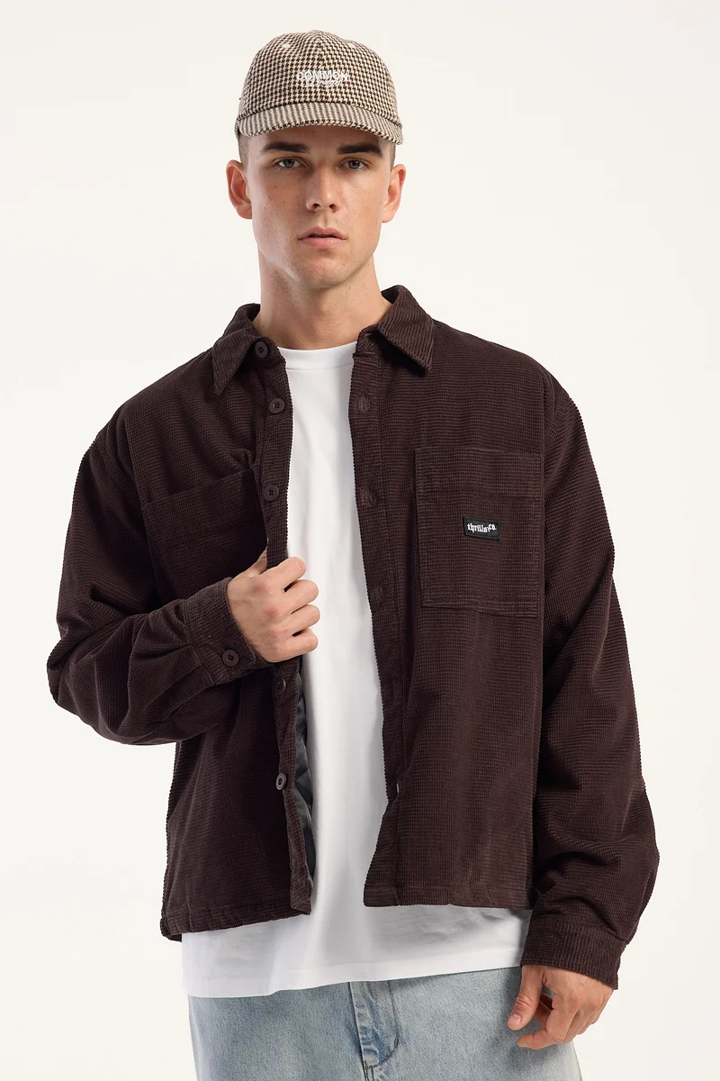 Thrills Delusions Quilted Lined Cord Overshirt Black Coffee