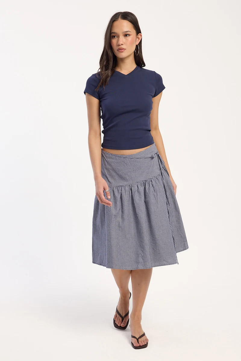 Perfect Stranger Mysti Wrap Midi Skirt Navy Stripe