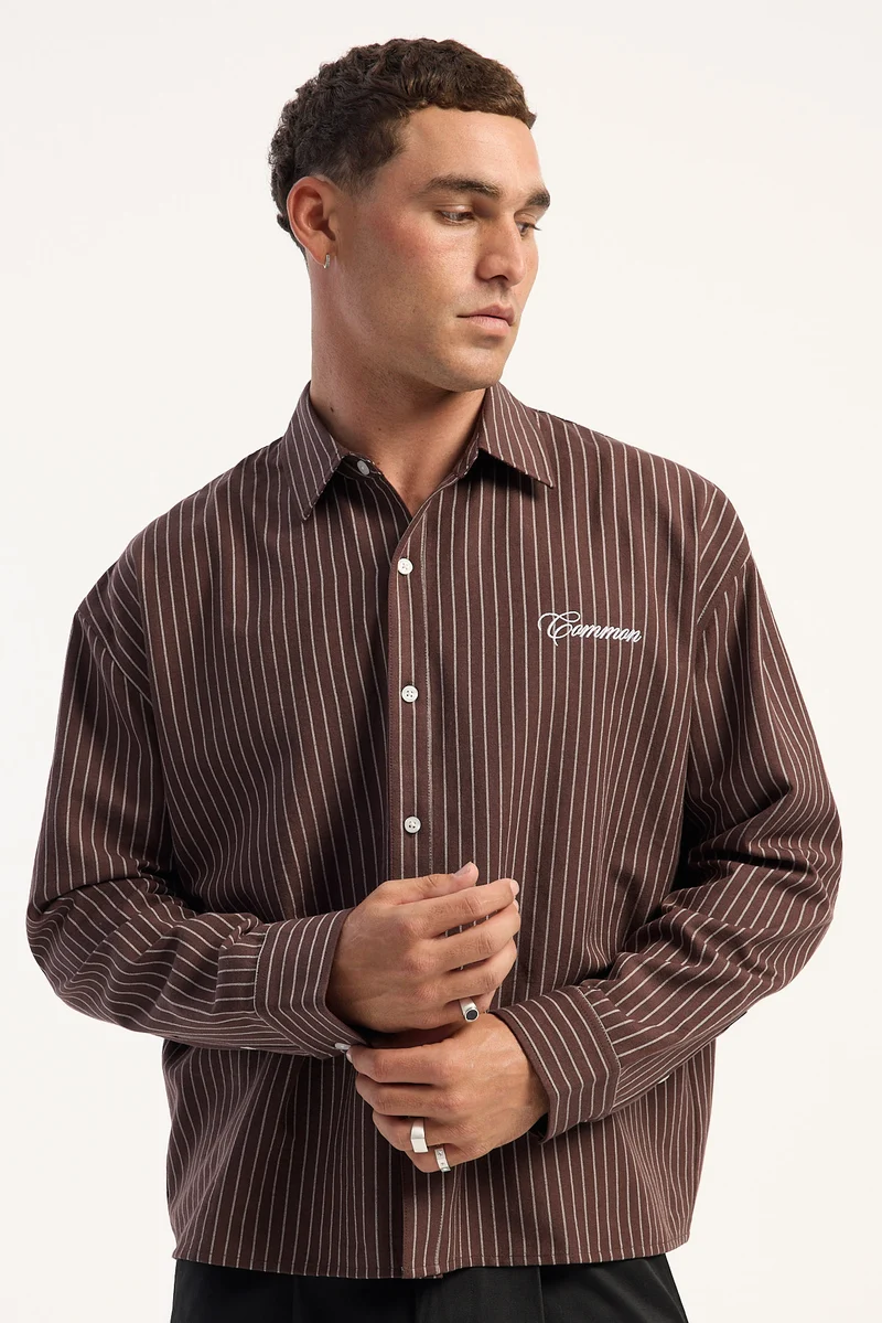 Common Need Fairmont Cropped Long Sleeve Shirt Brown Stripe