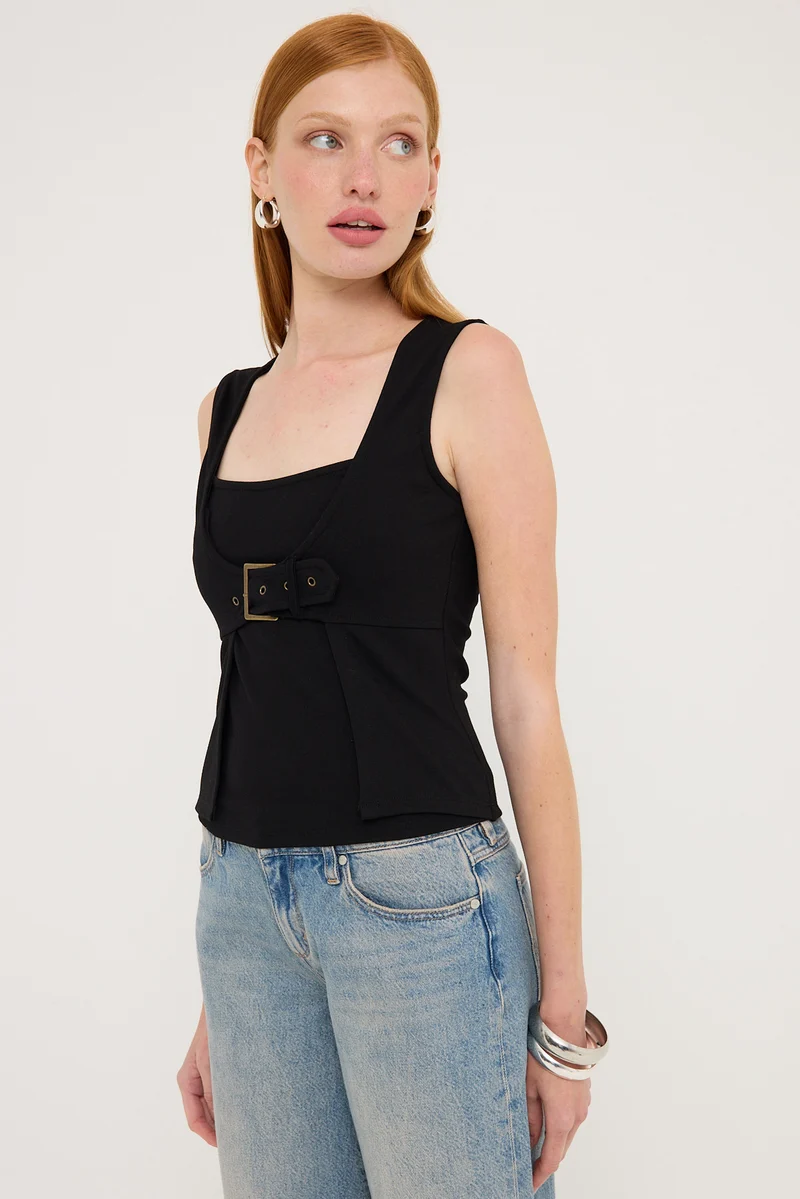 Basic Pleasure Mode Athena Buckle Top Black