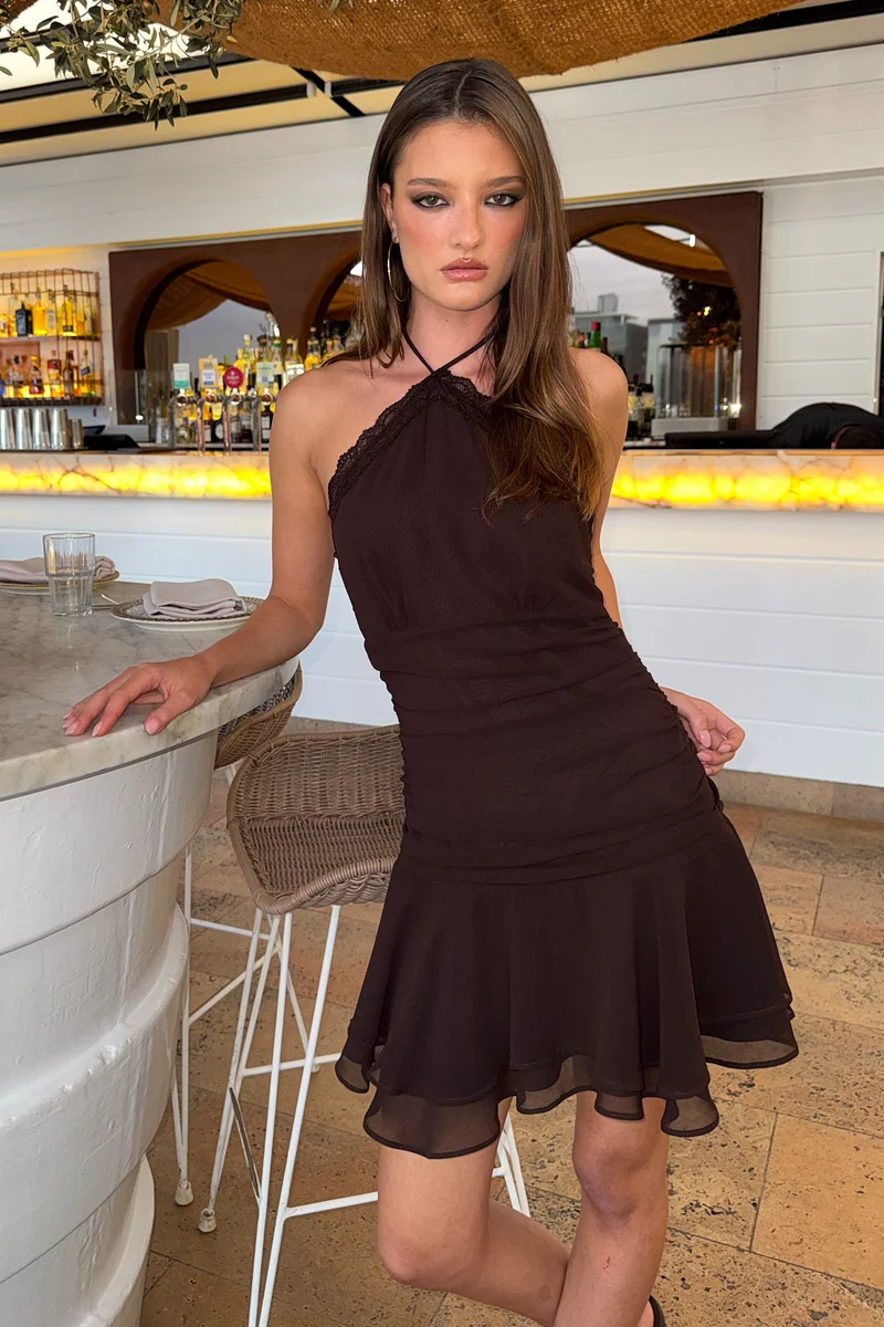 Luck & Trouble Rory Halter Mini Dress Brown