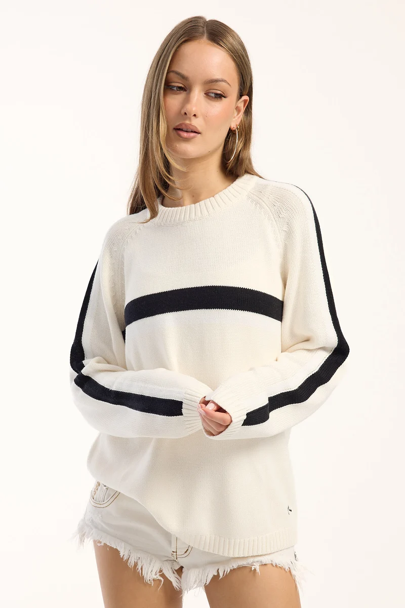 Rusty White Lines Long Sleeve Crew Neck Knit Cream/Black