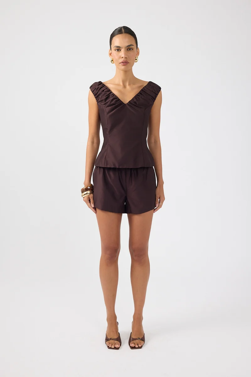 Perfect Stranger Kelly Gathered Mid Rise Shorts Brown