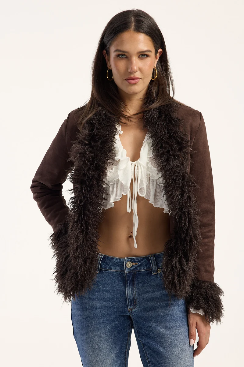 Lioness Universal Faux Fur Suede Coat Chocolate