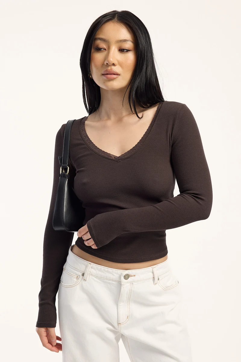 L&t Lace Trim Long Sleeve V Neck T-shirt Brown