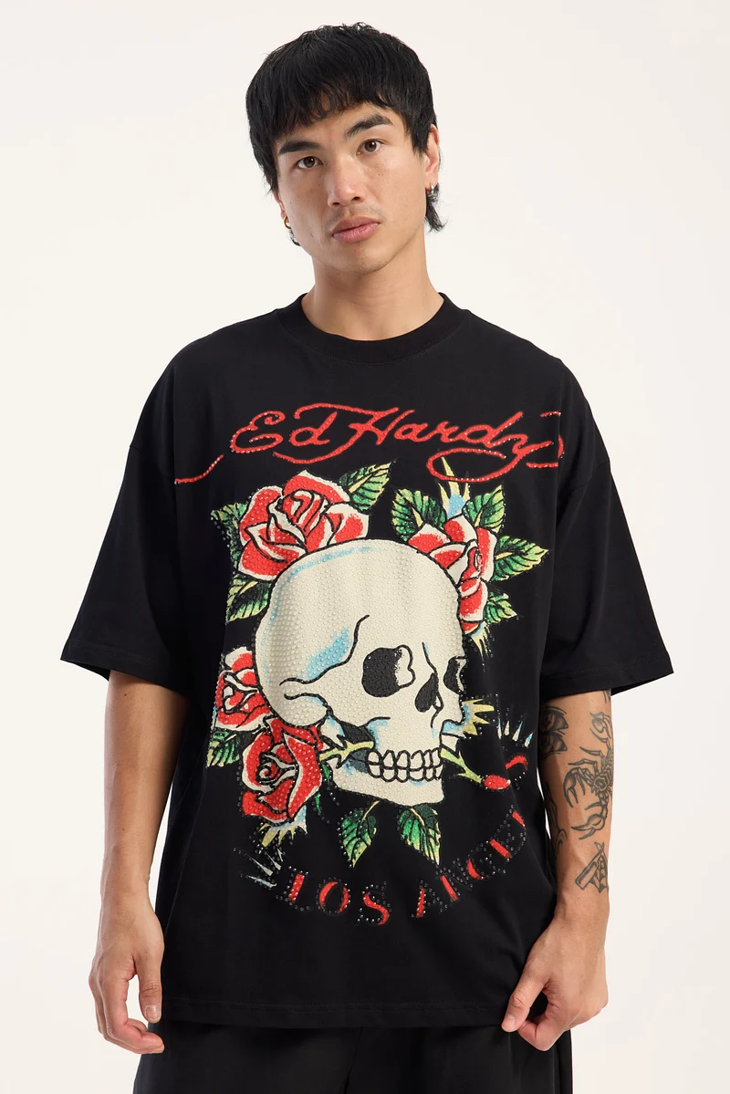 Ed Hardy Eternal Rhinestone Boxy Tee Black