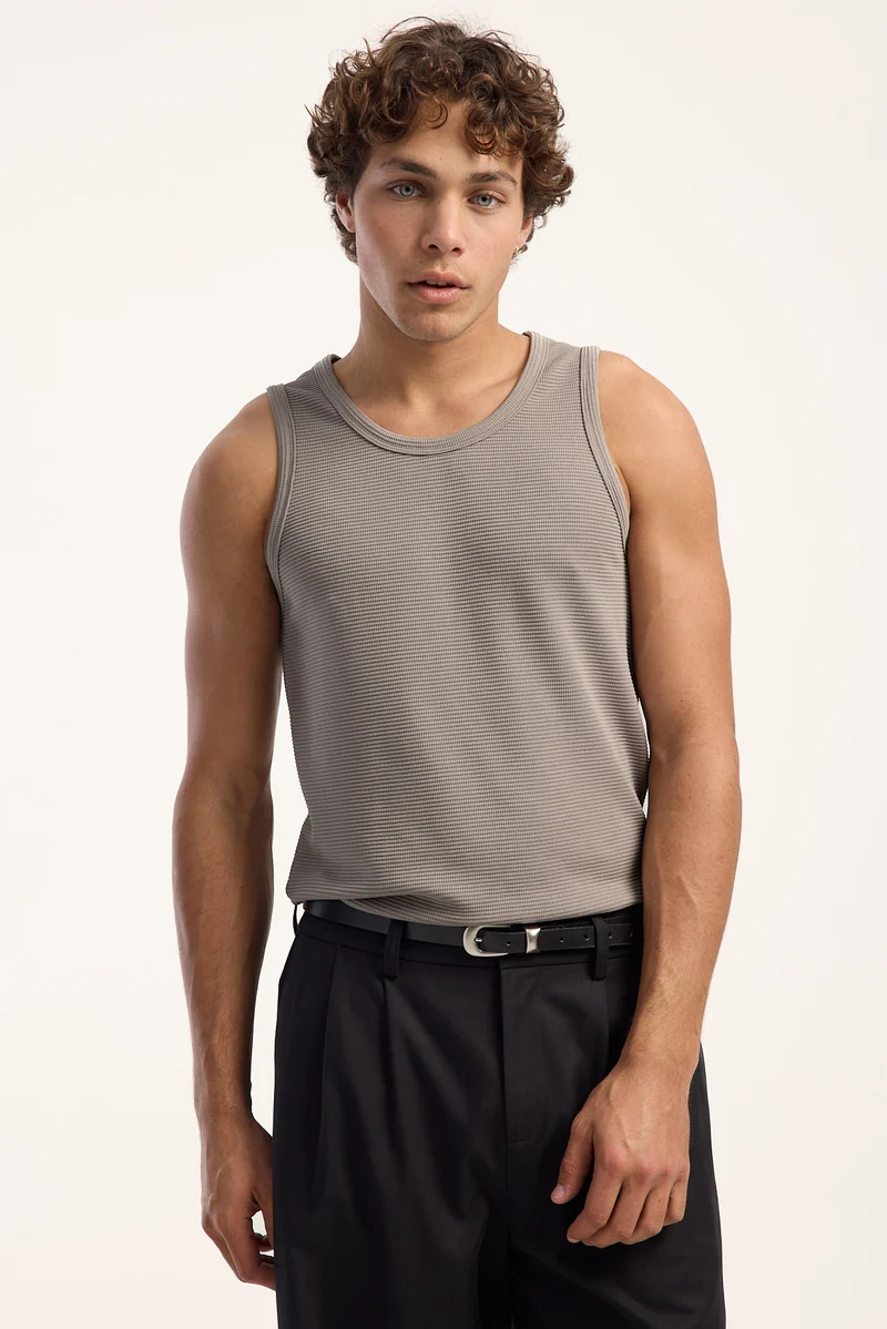 Common Need Flynn Waffle Scoop Neck Singlet Tank Grey