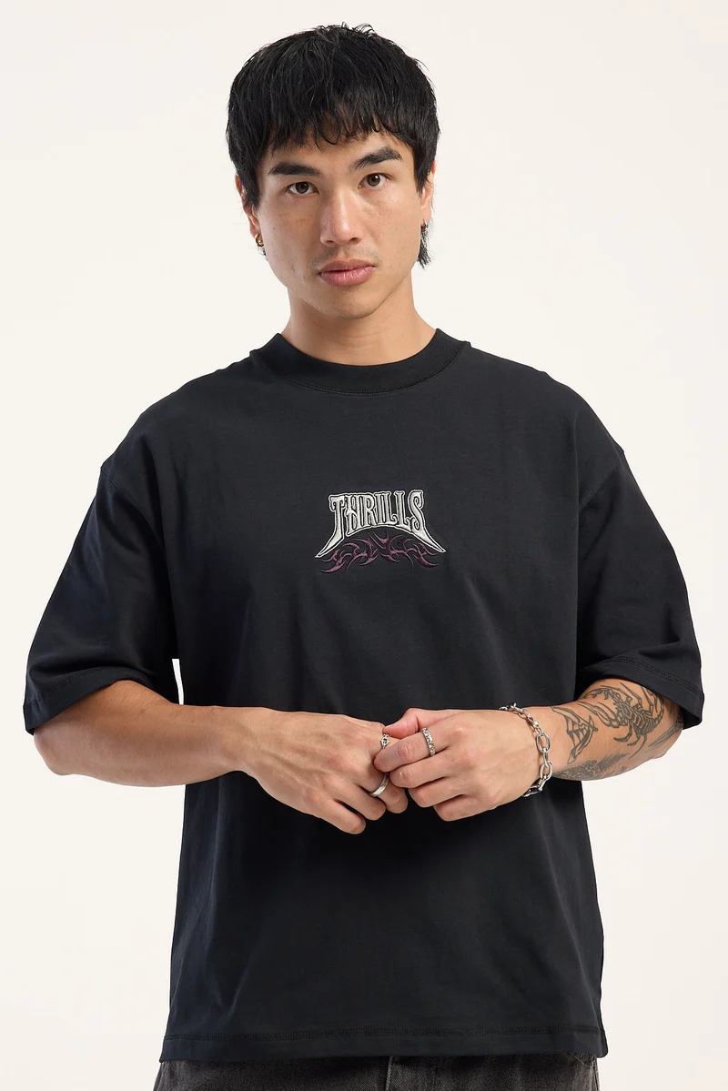 Thrills What We Believe Embro Oversize Box Crop Tee Washed Black
