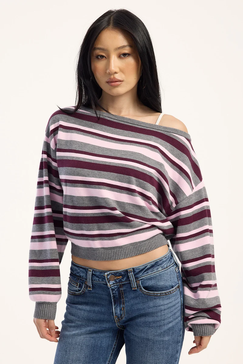 Luck & Trouble Kiki Slouched Off Shoulder Knit Grey Marle Stripe