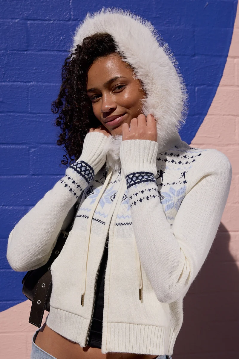 Rusty Yah Yah Fur Zip Through Hood Knit Cream