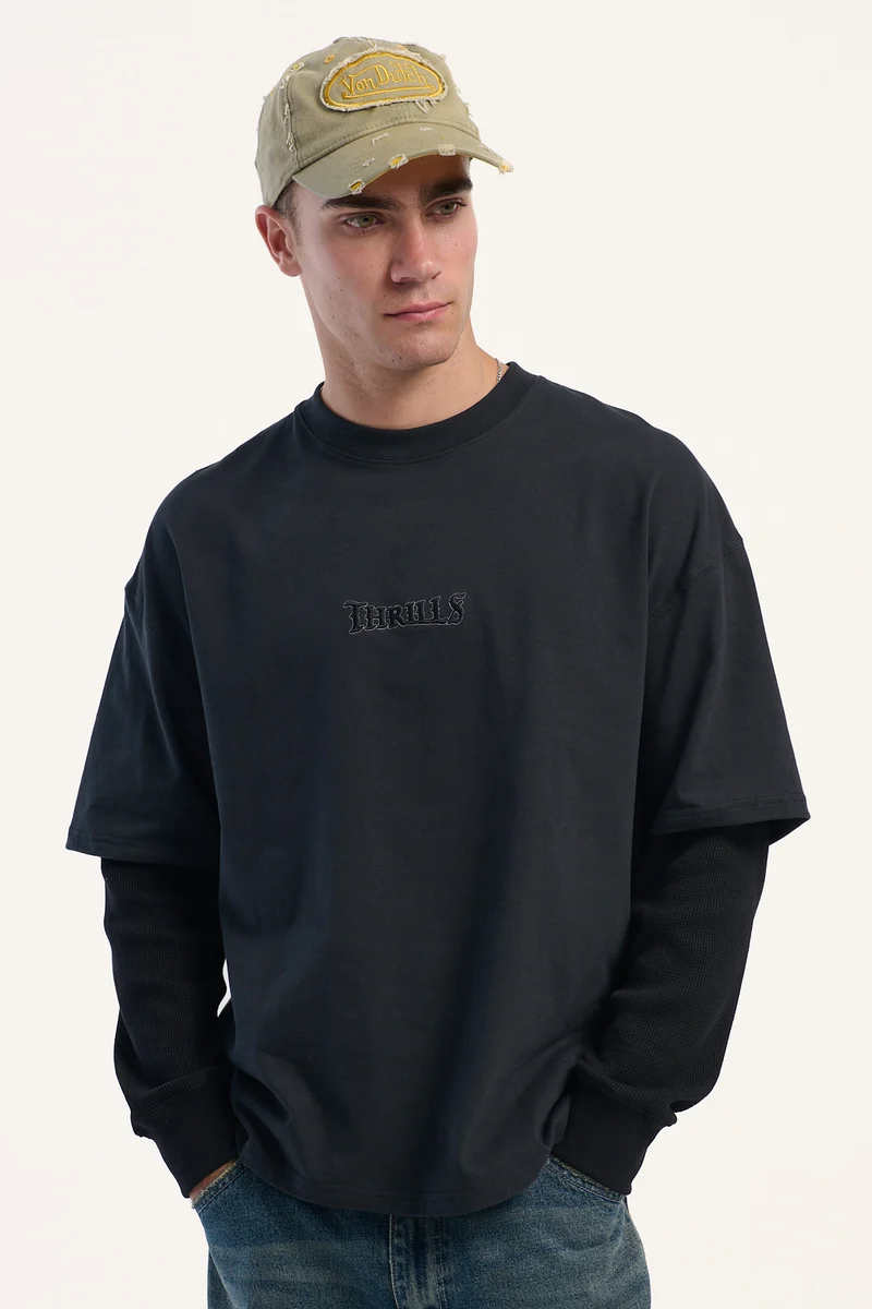 Thrills Web Of Deceit Layer Box Crop Oversize Long Sleeve Tee Faded Black