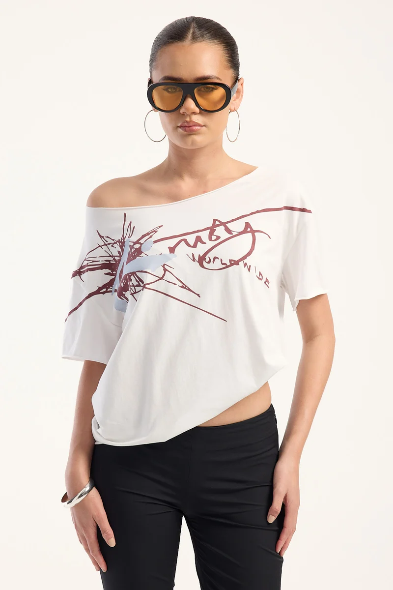 Rusty Slap It Cut Off Shoulder Tee Egret