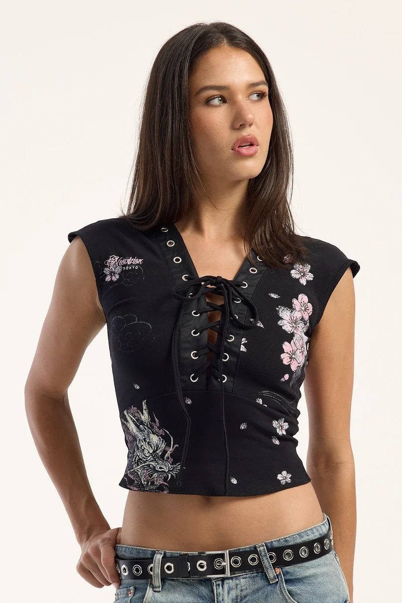 Neovision Sakura Ryu Lace up Baby Tee Black